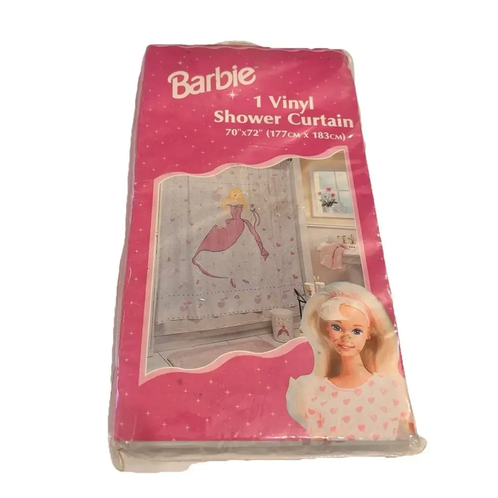 New Vintage Barbie Shower Curtain 70x72 Pink White Vinyl Blonde Pink Dress 90's